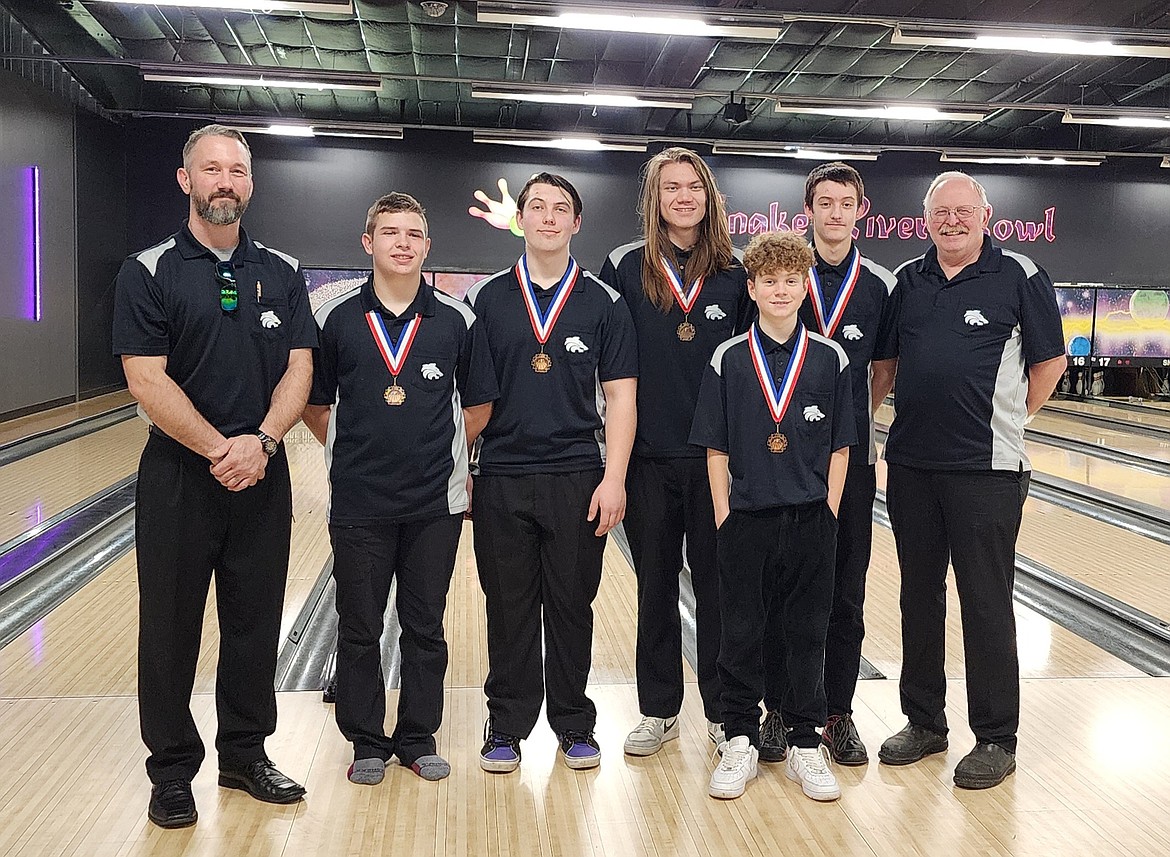 Courtesy photo
The Lake City High bowling team placed third at the high school state championships Feb. 20-21 in Twin Falls and Burley. From left are Josh Loper Sr. (assistant coach), Tyler Clarke, Josh Loper Jr., Gezus LaSarte, Byron Hammett, Matthew Chavez and Ron Jacobsen (head coach).