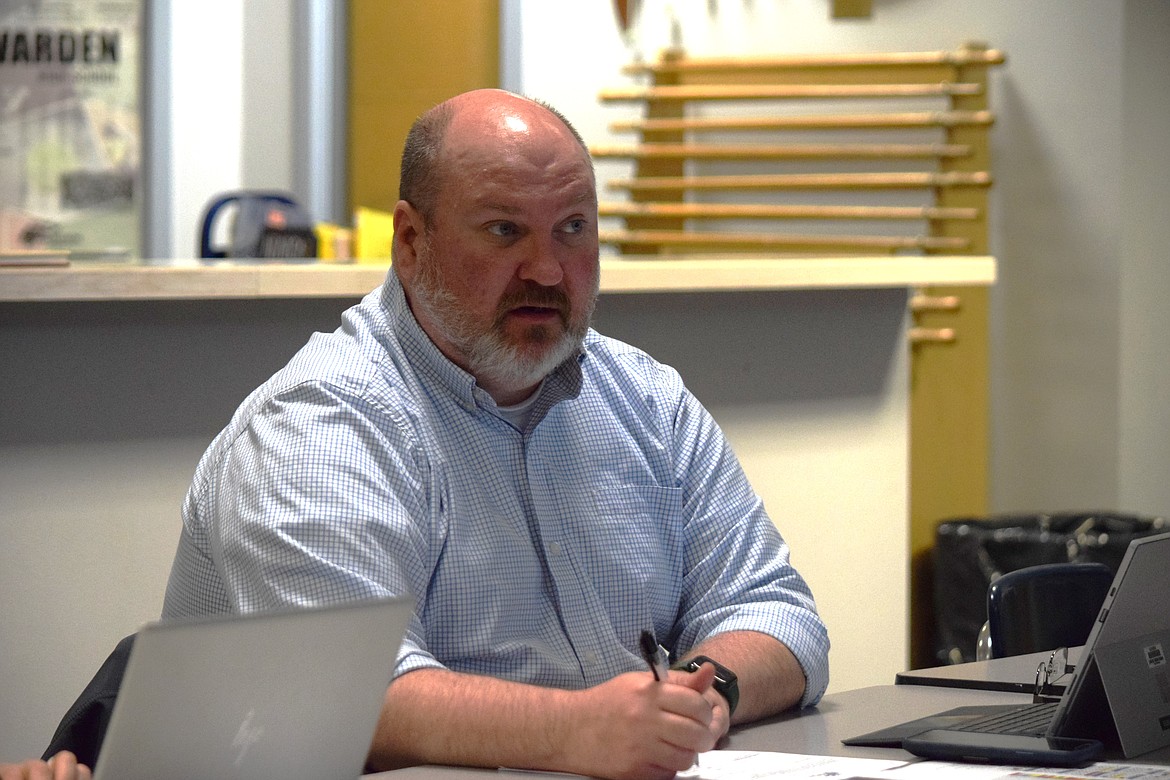 Warden School Board member Bryce Cox discusses board business during a regular meeting in March 2023. During Thursday’s regular meeting, Cox introduced the district’s position on two current legislative bills regarding curriculum requirements.