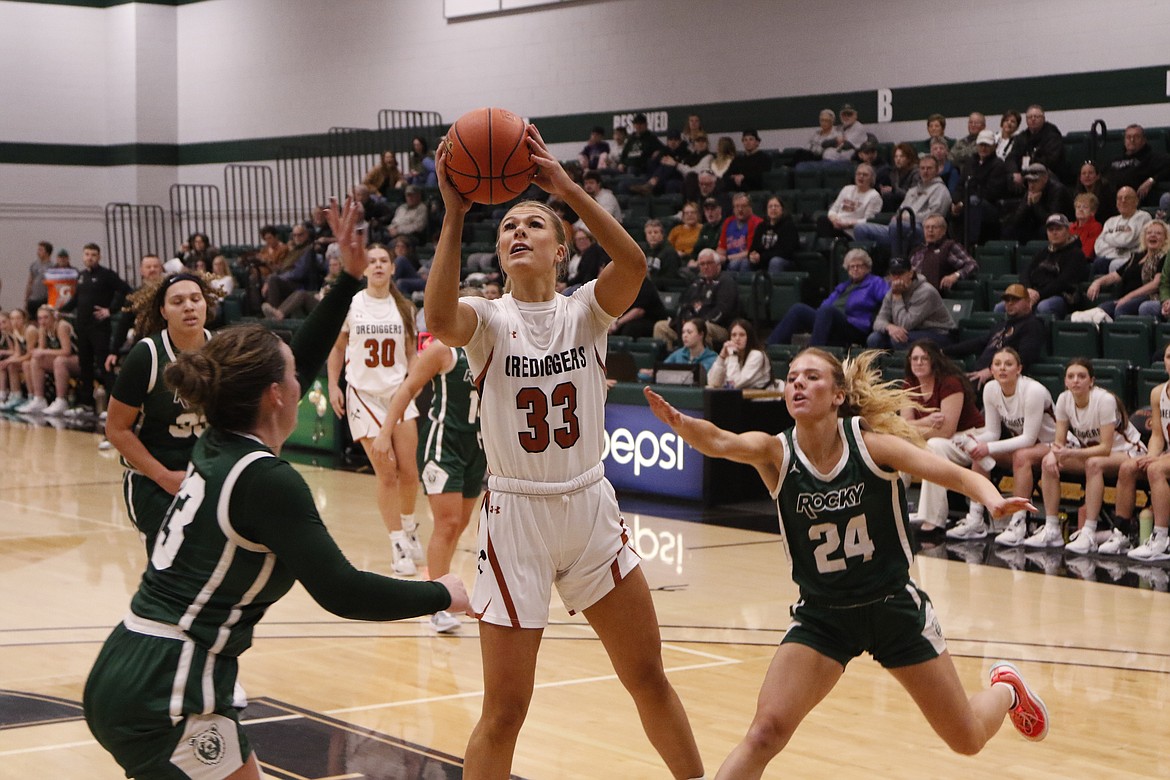 MONTANA TECH forward Aubrie Rademacher (33), a Glacier High graduate, goes up for two against Rocky Mountain College in a Frontier Conference game earlier this season. (photo courtesy of Montana Tech)