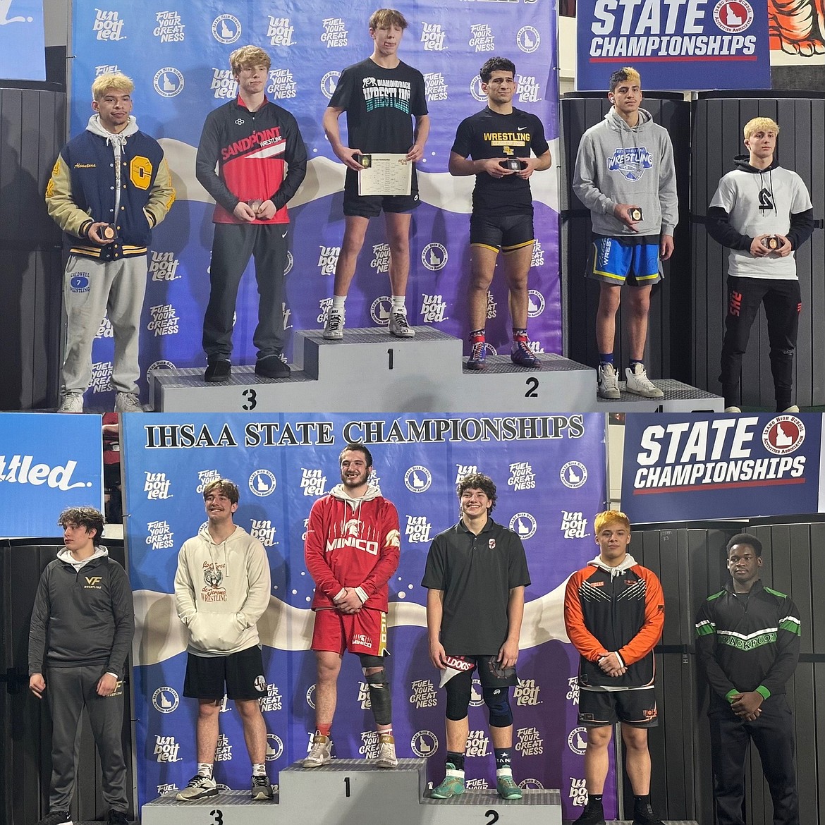 Sandpoint's Shane Sherrill (top, second from left) and Jorden Tyler (bottom, third from right) stand on the podium after placing third and second, respectively, at the 4A IHSAA Wrestling State Championship this past weekend.