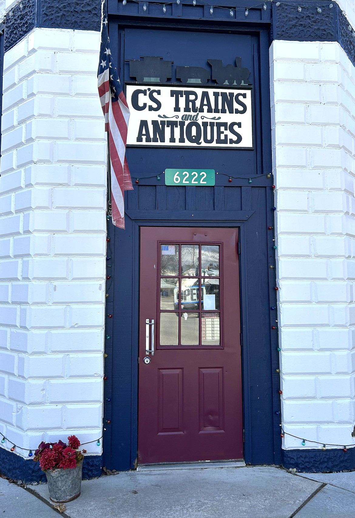 The front door to C's Train & Antique Shop in Spirit Lake.