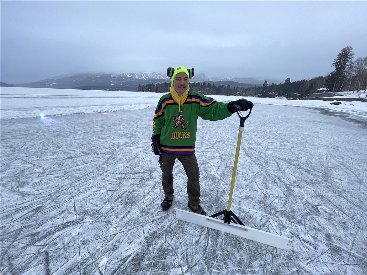 Gabriel Layton on the community ice rink he created at City Beach in Whitefish on Feb. 18, 2024. (Matt Baldwin/Whitefish Pilot)