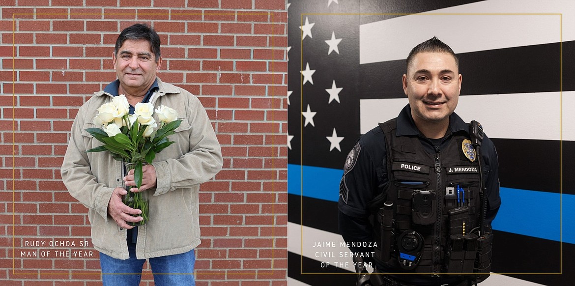 Othello coach and paraprofessional Rudy Ochoa Sr., left, was awarded 2023 Man of the Year by the Greater Othello Chamber of Commerce. Othello Police Department Sergeant Jaime Mendoza, right, was awarded 2023 Civil Servant of the Year and Port Commissioner Deena Vietzke, not pictured, was awarded 2023 Woman of the Year.