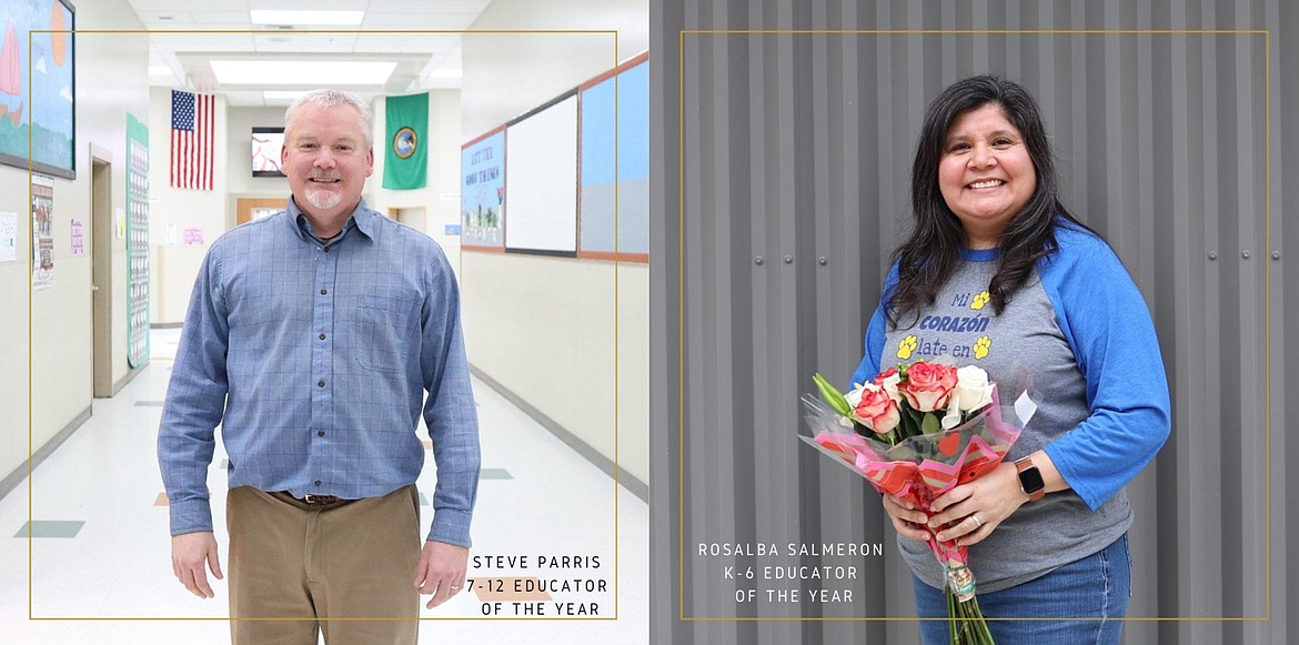 The Greater Othello Chamber of Commerce awarded McFarland Middle School Teacher Steve Parris, left, 2023 Grades 7-12 Educator of the Year and Lutacaga Elementary Instructional Coach Rosalba Salmeron, right, 2023 Grades K-6 Educator of the Year.