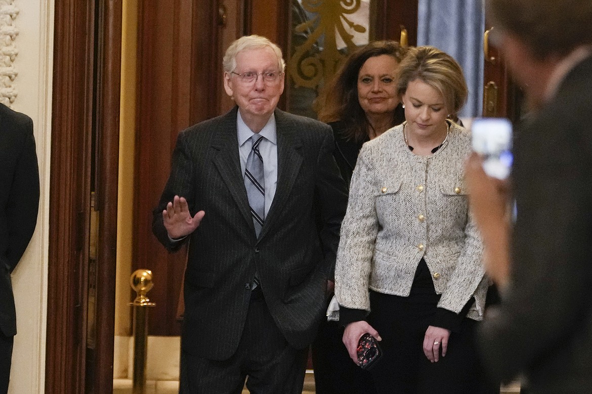 Senate Minority Leader Mitch McConnell of Ky., walks off the Senate floor after speaking, Wednesday, Feb. 28, 2024 at the Capitol in Washington. McConnell says he'll step down as Senate Republican leader in November. The 82-year-old Kentucky lawmaker is the longest-serving Senate leader in history. He's maintained his power in the face of dramatic changes in the Republican Party. He's set to make the announcement Wednesday McConnell on the Senate floor. (AP Photo/Jacquelyn Martin)