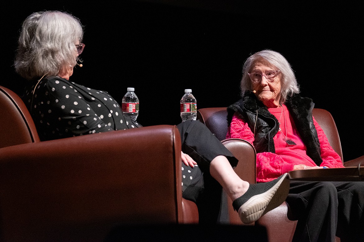 Holocaust survivor Esther Basch, 95, of Prescott, Arizona, shares her story with her daughter, Rachel Turet, left, at the Wachholz College Center in Kalispell. (Photo by Kent Meireis of Kent Meireis Photography)