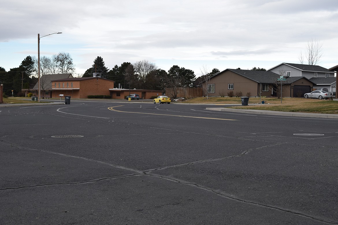 Cracks that have been previously sealed line the asphalt on East Scootney Street in Othello. The Othello City Council awarded a bid Monday for $75,600 to seal pavement cracks on Othello’s roads. The council also approved an update to the city’s Local Road Safety Plan.