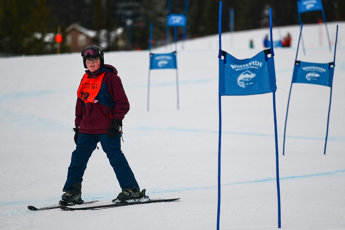 Brayden Streitmatter, with the Kalispell Public Schools team, weaves between gates in the Alpine Slalom event during the Special Olympics Montana Glacier Area Winter Games at Whitefish Mountain Resort on Thursday, Feb. 29. (Casey Kreider/Daily Inter Lake)