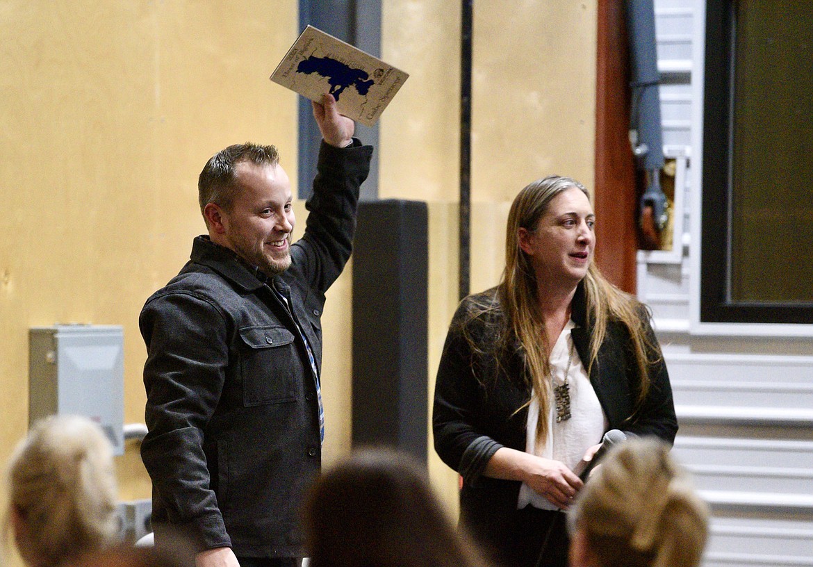 Gabe Spencer from Whistling Andy distillery in Bigfork reacts at the Bigfork Chamber of Commerce banquet and awards ceremony on Thursday, Feb. 22, 2024. (Matt Baldwin/Daily Inter Lake)