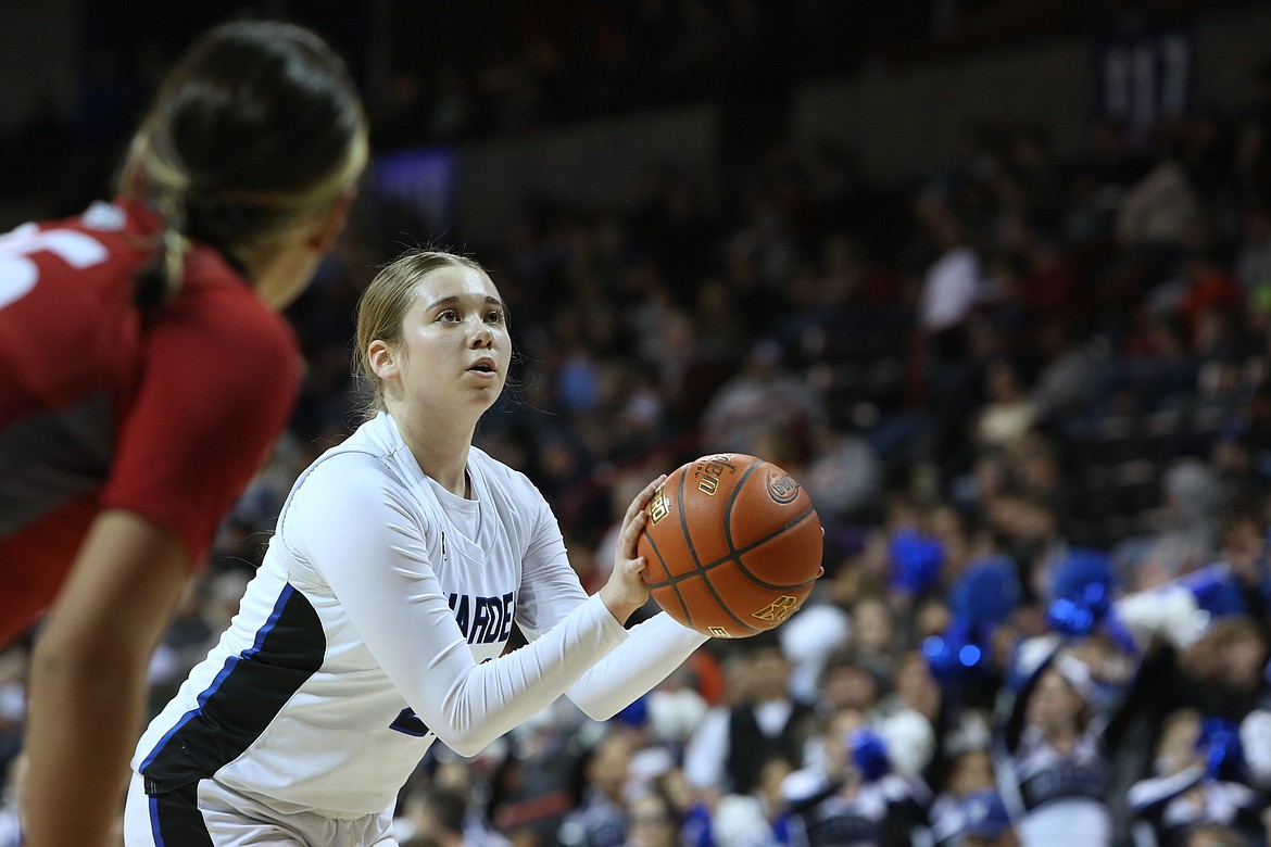 Warden freshman Makenna Klitzke attempts a free throw in the first quarter against Okanogan Friday in the 2B Girls State Basketball semifinals.