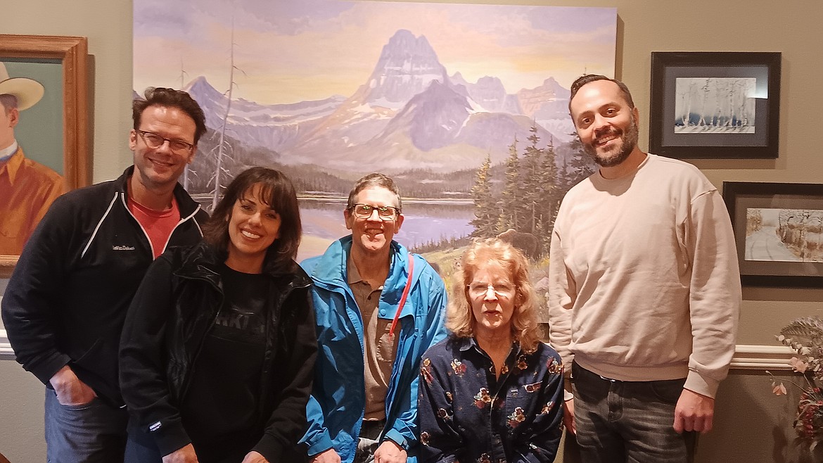 Nicolas Dromard (Nic), Desiree’ Davar (Desi), Jim Goss- MCPAC treasurer, Loie Turner- MCPAC president and Brett Rowe relax after the Thursday evening performance. Superior was their first stop on a Montana tour. (Monte Turner/Mineral Independent)