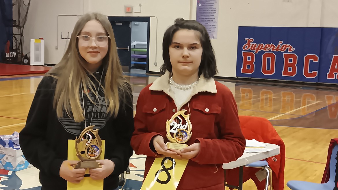 Daisy Sansom from St. Regis, left, was the winner of the Mineral County Spelling Bee last week, with Ruby Pittsley from Superior taking second place. (Monte Turner/Mineral Independent)