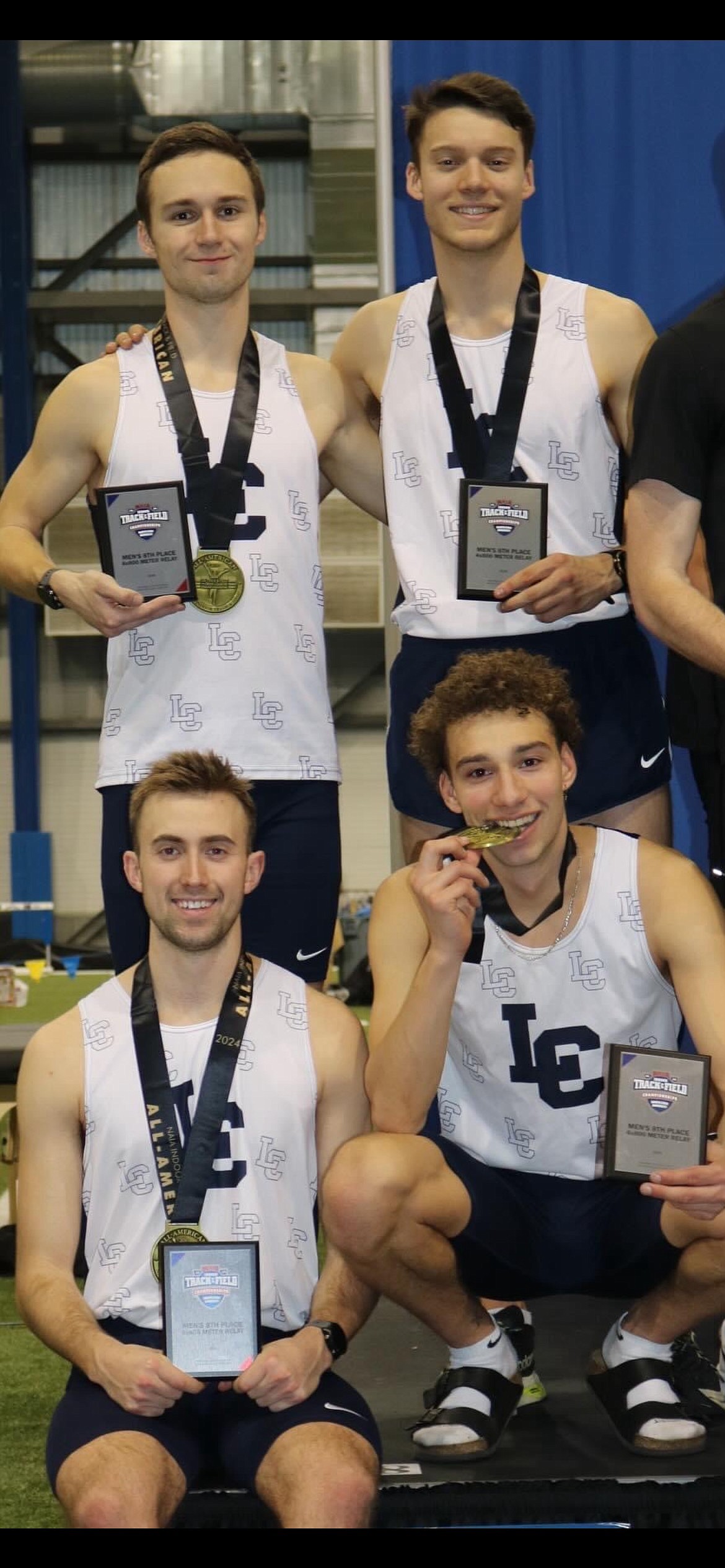 Courtesy LC State Athletics
Former Lake City High standout Carter Gordon, top left, a junior at Lewis-Clark State, ran a leg on the Warriors' 4x800m relay team which finished eighth, earning the runners All-American status, at the NAIA Indoor Track and Field Championships last week in Brookings, S.D. Standing next to him is Griffen Parcells; and below from left are Cooper Carlson and Connor May.