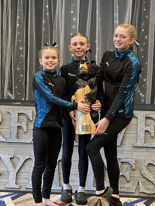 Courtesy photo
Technique Gymnastics Level 5 team competed at the recent Great West Gym Fest at The Coeur d'Alene Resort. From left are Novalee Brock (3rd AA, 2nd UB, 1st FX), Makenna Scholten (1st AA, 3rd VT, 1st UB, 2nd BB) and Mallory Secord (8.475 VT).