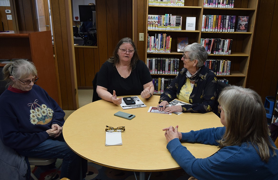 Warden residents, from left to right, Trudy Richmond, Tinker Ansel, Jean Echols and Darla Haworth participate in a senior group meeting Saturday afternoon at Warden Public Library. The group has goals to establish a new meeting place for seniors in Warden.