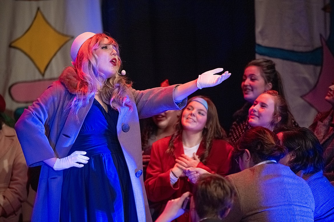 Angela Allen as Rosie sings Conrad Birdie’s praises to his adoring fans at Columbia Falls High School’s opening night of “Bye Bye Birdie” at the Little Theater on Thursday, Feb. 28. (Avery Howe photo)