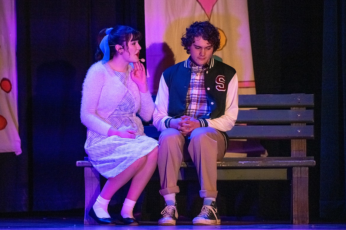 Audrey Hanley as Kim MacAfee and Rafe Rusche as Hugo discuss “going steady” during Columbia Falls High School’s opening night of “Bye Bye Birdie” at the Little Theater on Thursday, Feb. 28. (Avery Howe photo)