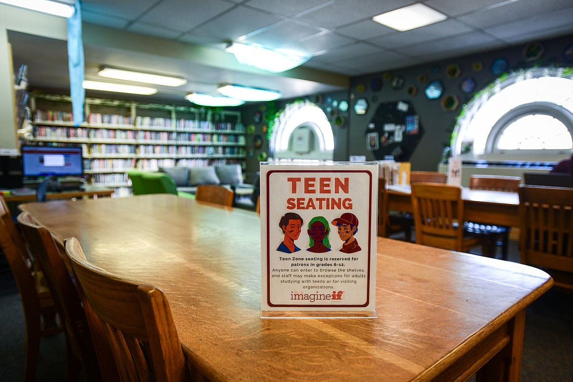 A sign for teen seating in the Young Adult section of the Flathead County Library in Kalispell on Tuesday, March 5. (Casey Kreider/Daily Inter Lake)