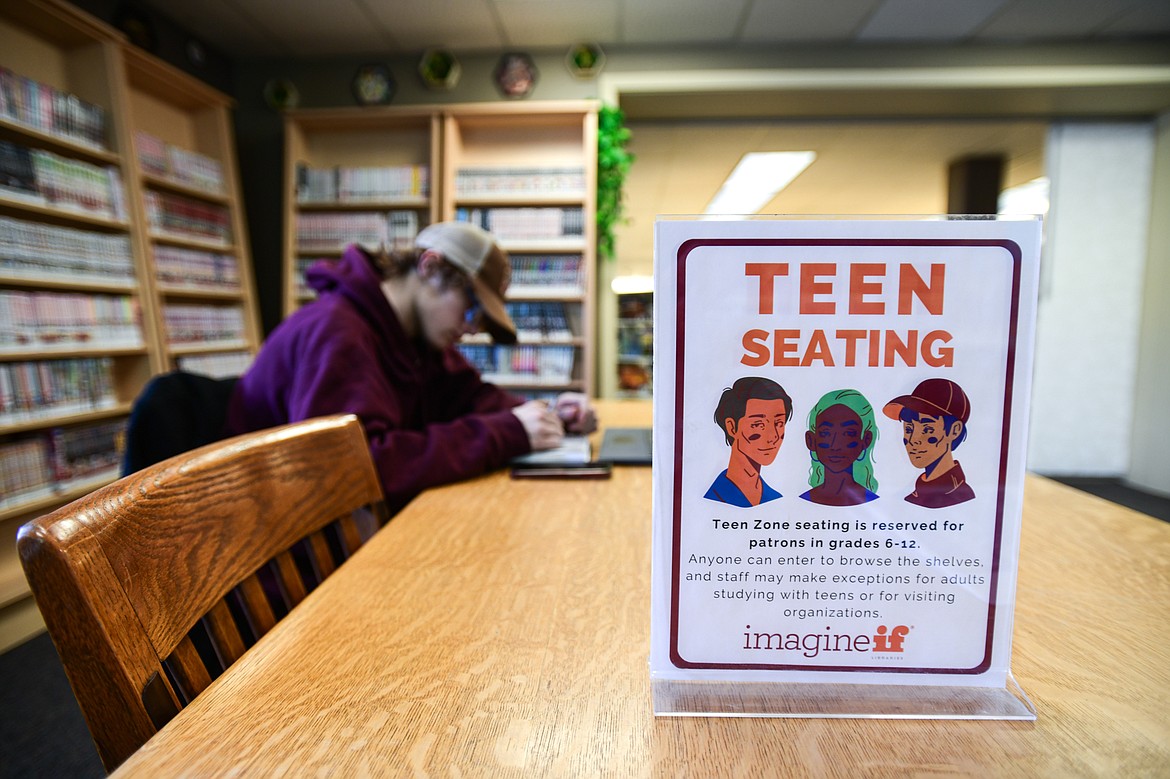 A sign for teen seating in the Young Adult section of the Flathead County Library in Kalispell on Tuesday, March 5. (Casey Kreider/Daily Inter Lake)