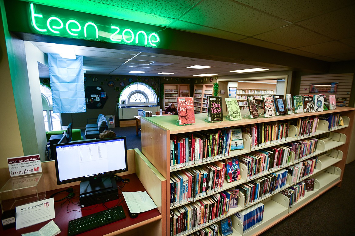 A sign for the teen zone in the Young Adult section of the Flathead County Library in Kalispell on Tuesday, March 5. (Casey Kreider/Daily Inter Lake)