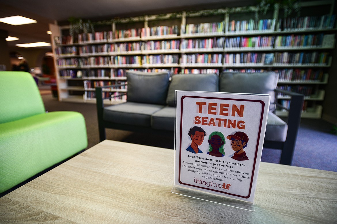 A sign for teen seating in the Young Adult section of the Flathead County Library in Kalispell on Tuesday, March 5. (Casey Kreider/Daily Inter Lake)