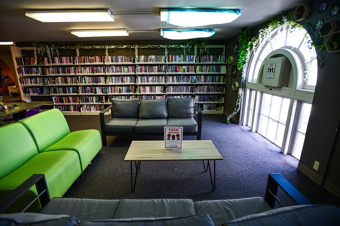 A sign for teen seating in the Young Adult section of the Flathead County Library in Kalispell on Tuesday, March 5. (Casey Kreider/Daily Inter Lake)