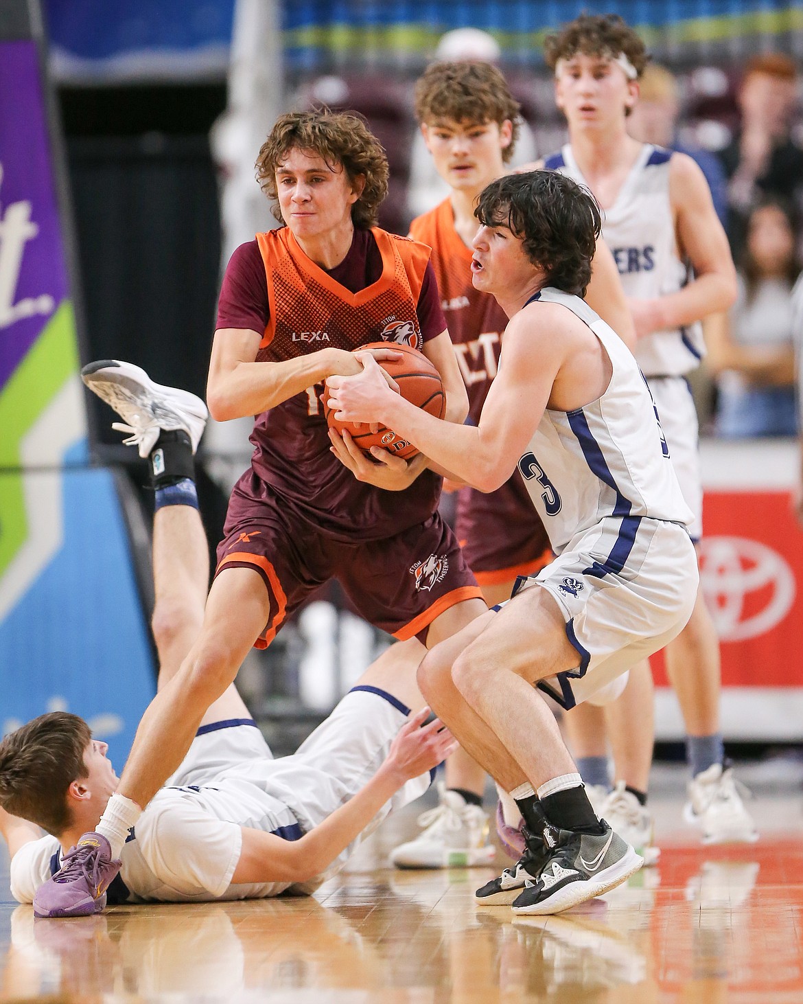 Eli Blackmore gets a jump ball for the Bonners Ferry in the fourth quarter of the 3A State Championship against Teton on March 2.