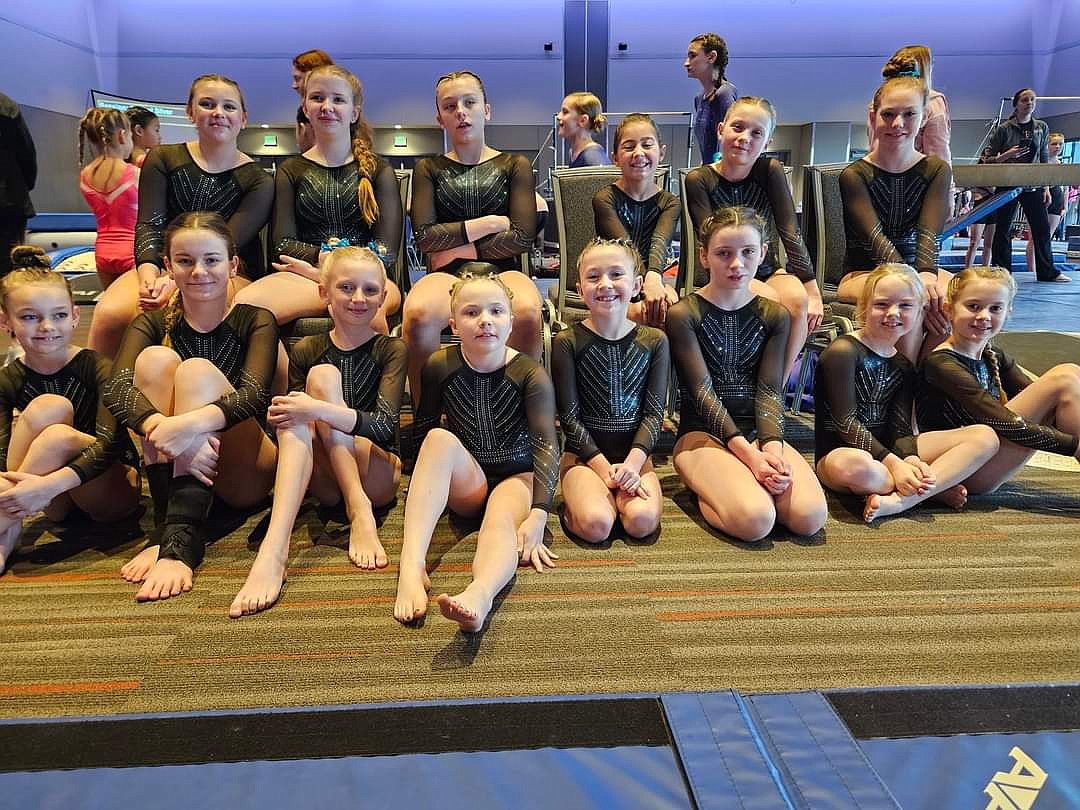Courtesy photo
Technique Gymnastics Xcel Silver team competed at the Royal Festival in Spokane and received 1st place team. In the front row from left are Kennedy Zimmerman (9.35 UB), Michaela Simhouser (9.1 VT), Adelyn Etheridge (2nd AA, 1st VT, 3rd UB & BB), Avery Dougherty (9.2 FX), Hadley Black Eagle-Seres (9.3 BB), Bridgette Oconner (3rd FX), Addy Swanson (9.2 BB) and Alli Morton (9.15 BB); and back row from left, Kenley Kuebler (2nd BB & FX), Sierra Martin (3rd FX), Emaia O'Neel (2nd VT, 1st AA, UB, BB, & FX), Reese Bligh (9.3 BB), Eva Reed (1st AA, UB, & FX) and Avery Ackerman (9.05 UB).