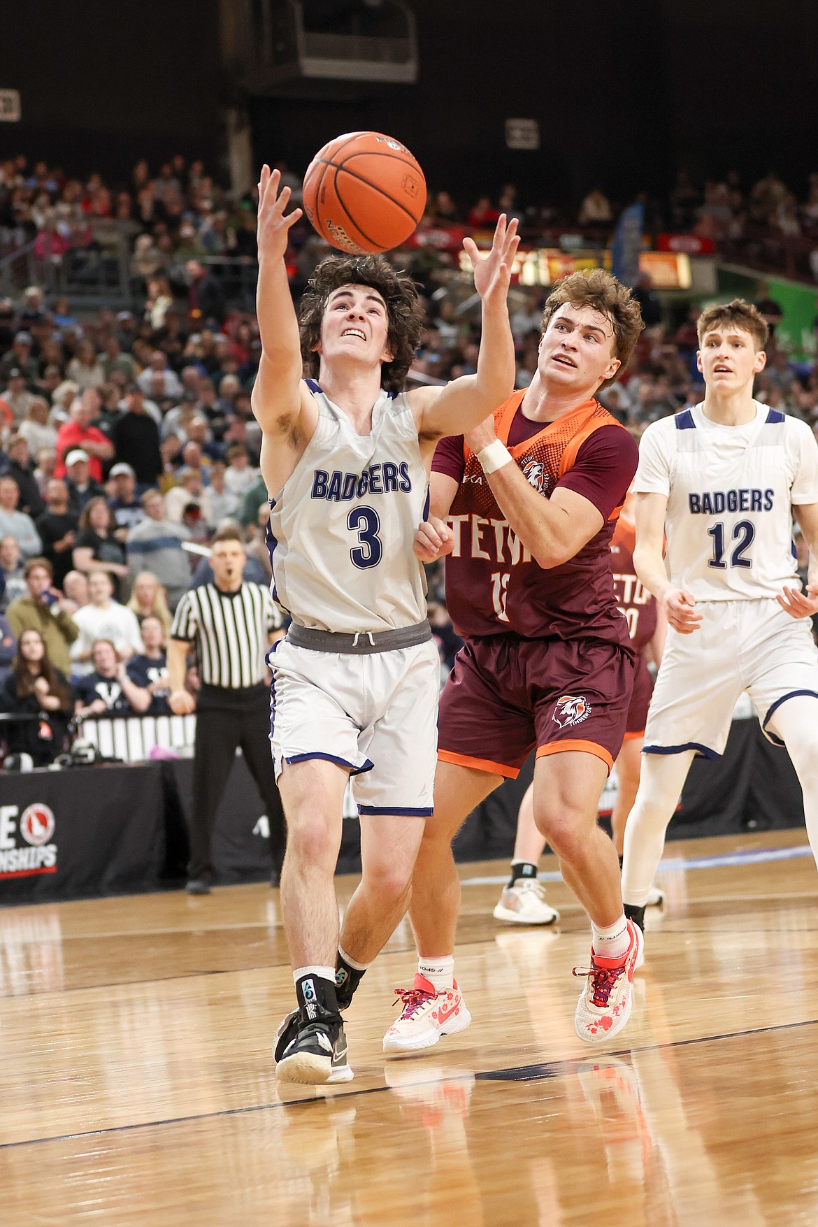 Eli Blackmore nabs a defensive rebound at the 3A State Championship game on March 2 at the Idaho Center.