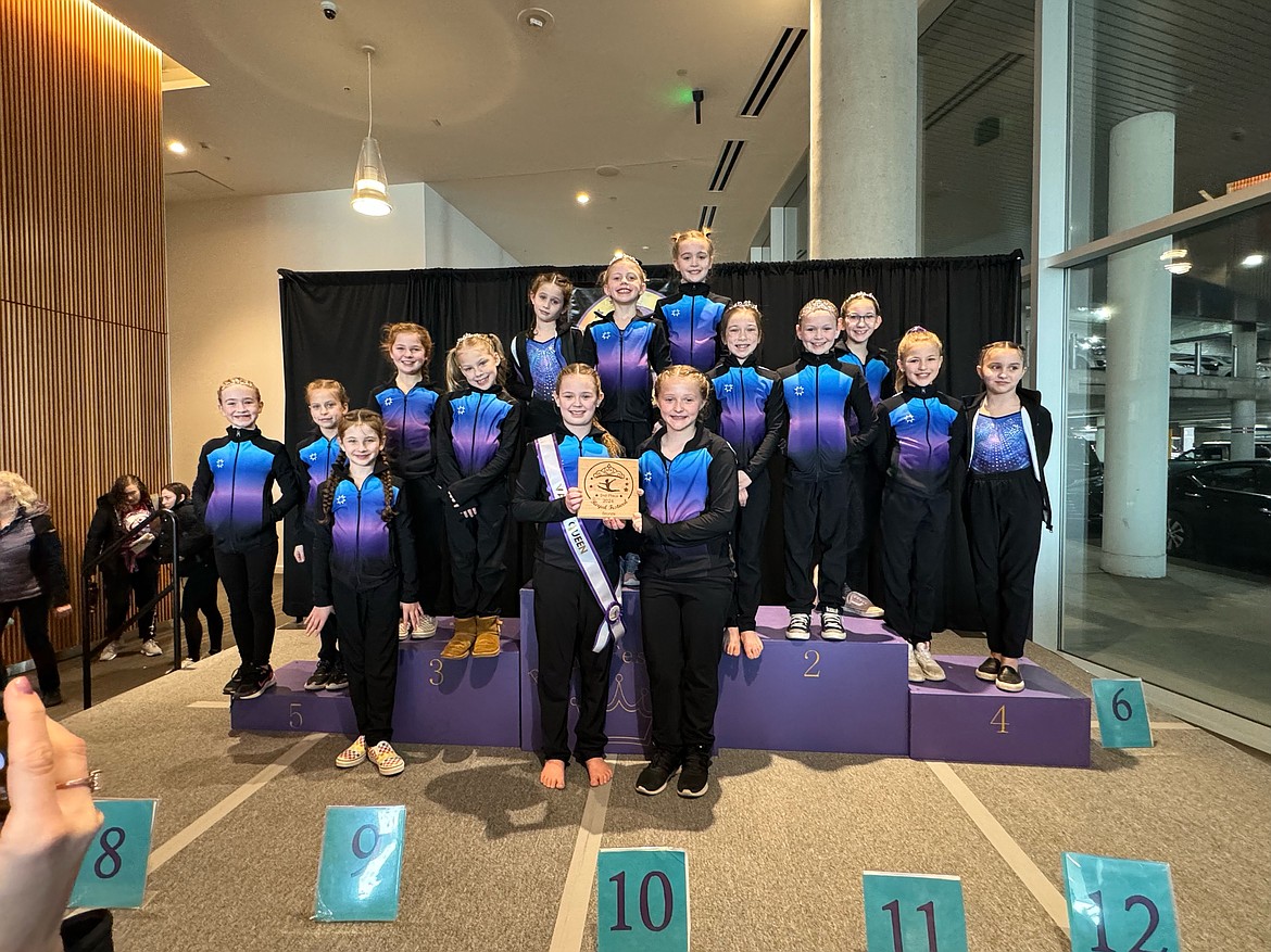 Courtesy photo
GEMS Athletic Center Bronze team competed at the Royal Festival on March 1-3 at the Spokane Convention Center. In the front row from left are Isabel Lunneborg, Lily Fulton and Raelyn Hazen; and back row from left, Kinley Simpson, Raegan Zimmerman, Lauren Inglehart, Stella Cahoon, Felicity Hammer, Evelyn Bowman, Finley Rauscher, Myla South, Grace Ohlenkamp, Ellie Hill, Kristyn Frank and Liliahna Dunton.