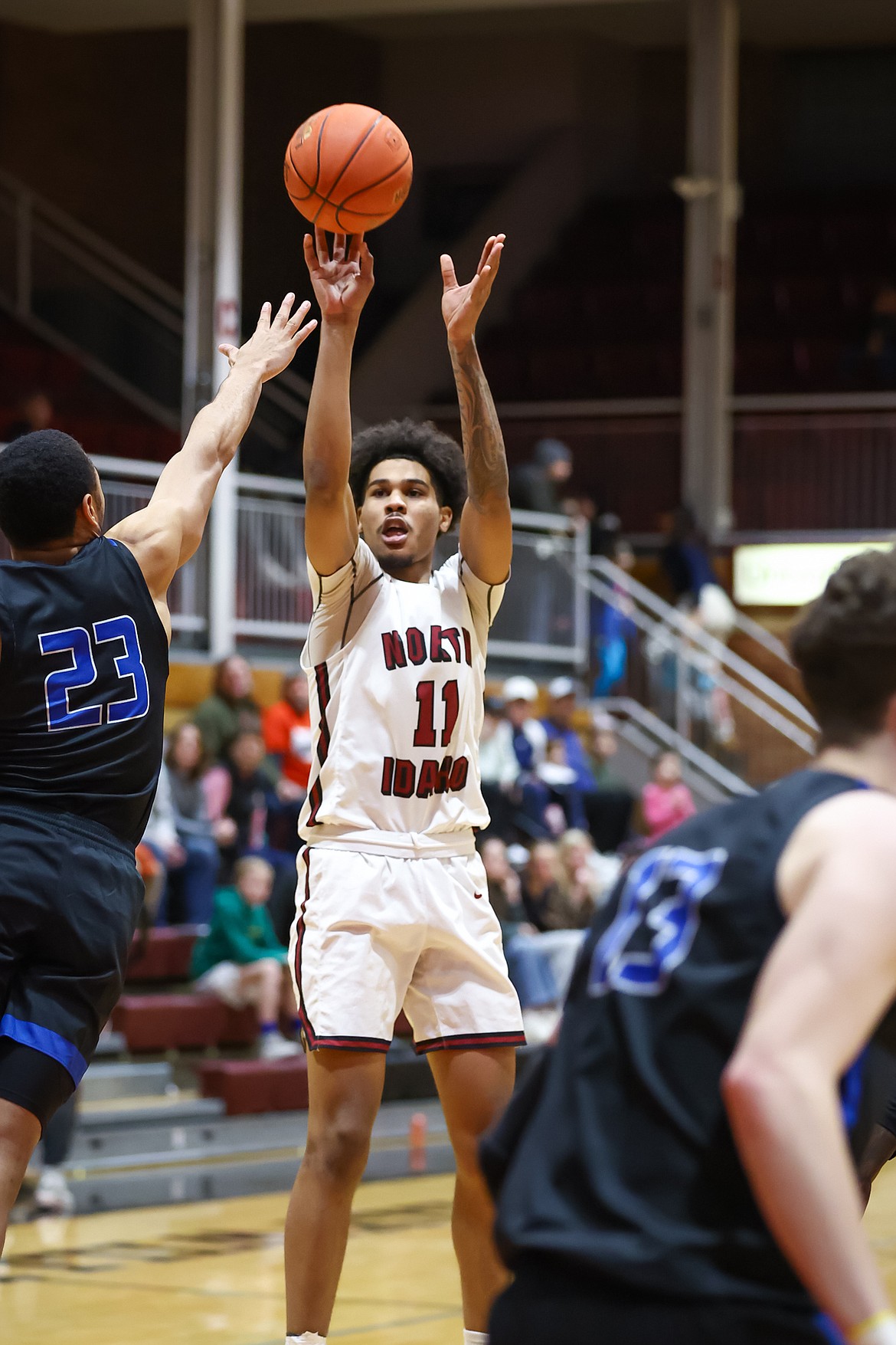 KYLE DISHAW PHOTOGRAPHY
North Idaho College sophomore guard Dante Sawyer puts up a shot during a Jan. 12 game against Salt Lake at Rolly Williams Court. NIC will face Salt Lake in the opening round of the Region 18 men's basketball tournament on Friday in Taylorsville, Utah.