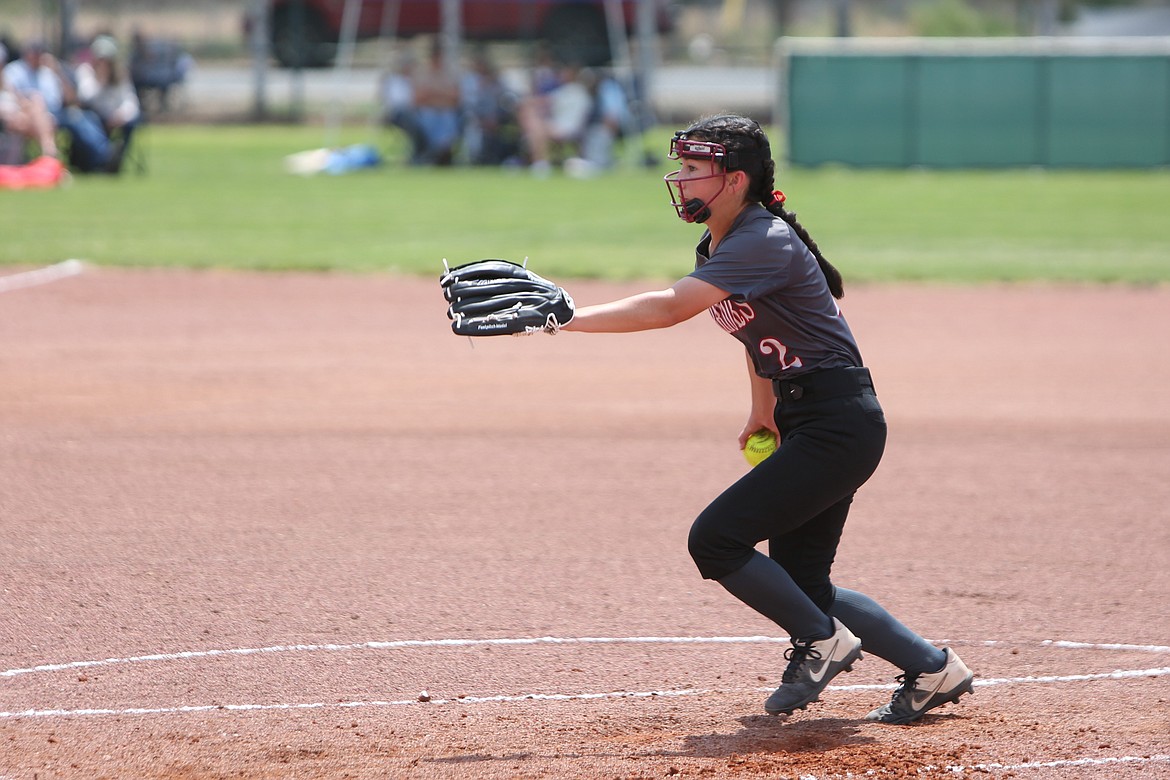 Almira/Coulee-Hartline freshman Grace Okamoto pitches during a game at the 2023 1B State Softball Tournament in Yakima.