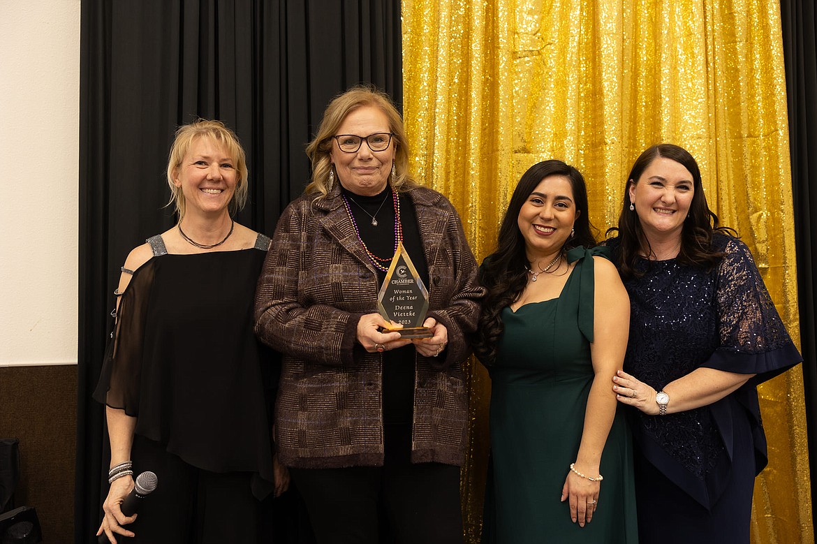 Greater Othello Chamber of Commerce President Heather Miller, Othello’s 2023 Woman of the Year Deena Vietzke, Chamber Manager Jackie Wilhelm and Spokane Teachers Credit Union Othello Branch Manager Kerrie Petersen celebrate at the chamber’s Feb. 23 Annual Awards Banquet.