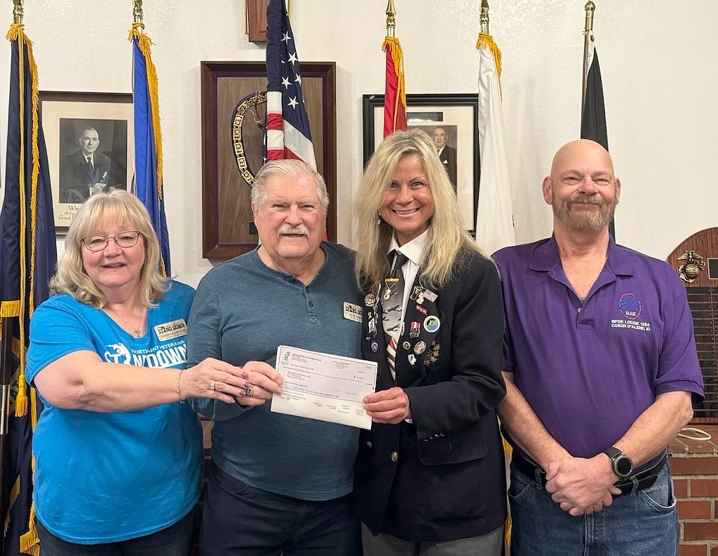 On Thursday, the North Idaho Veterans Stand Down received $5,500 from the Idaho State Elks Association and the Coeur d'Alene Elks to help veterans in the community. Pictured (from left): Debbi Nadrchal, Stand Down board president; Bob Shaw, board treasurer; Molley Barr, Coeur d'Alene Elks Exalted Ruler; and Cliff Shove, Elks Leading Knight. The Stand Down this year will take place on Saturday, May 18, at the Kootenai County Fairgrounds from 8 a.m. to 1 p.m. in the Jacklin Building. North Idaho Veteran's Stand Down is a nonprofit organization serving veterans in our local area.