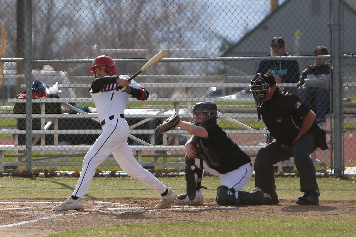 Othello junior Jordan Montemayor, left, takes a swing during a game last season.