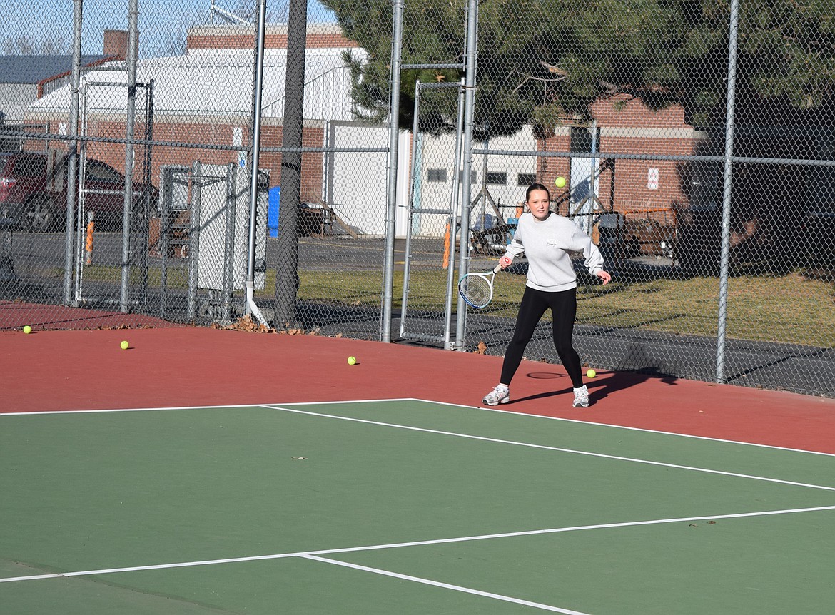 Anny Roedseth remains focused as she works on volleys during tennis practice at Ephrata High School earlier this week. The tennis team has a match this weekend against Quincy that will allow the girls to test themselves against opponents they don’t face during practice. Coach Britney MacLeod said that will help the coaching staff determine what they need to work on to solidify the 2024 Tiger girls tennis team.