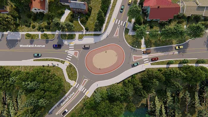 A bird's eye view design shows the planned roundabout for the intersection of Second Street East and Conrad Drive with Woodland Avenue. (Courtesy of MDT)