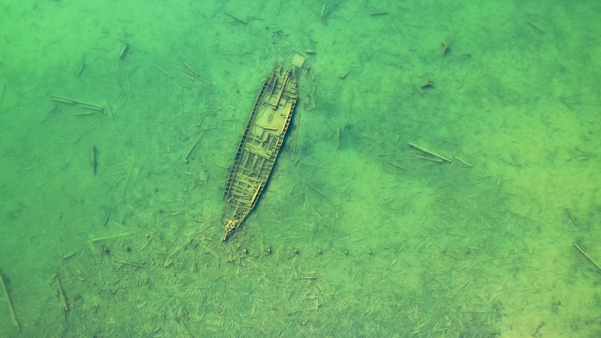 An aerial view of the wreck of an old steamship that was recently discovered in the region.