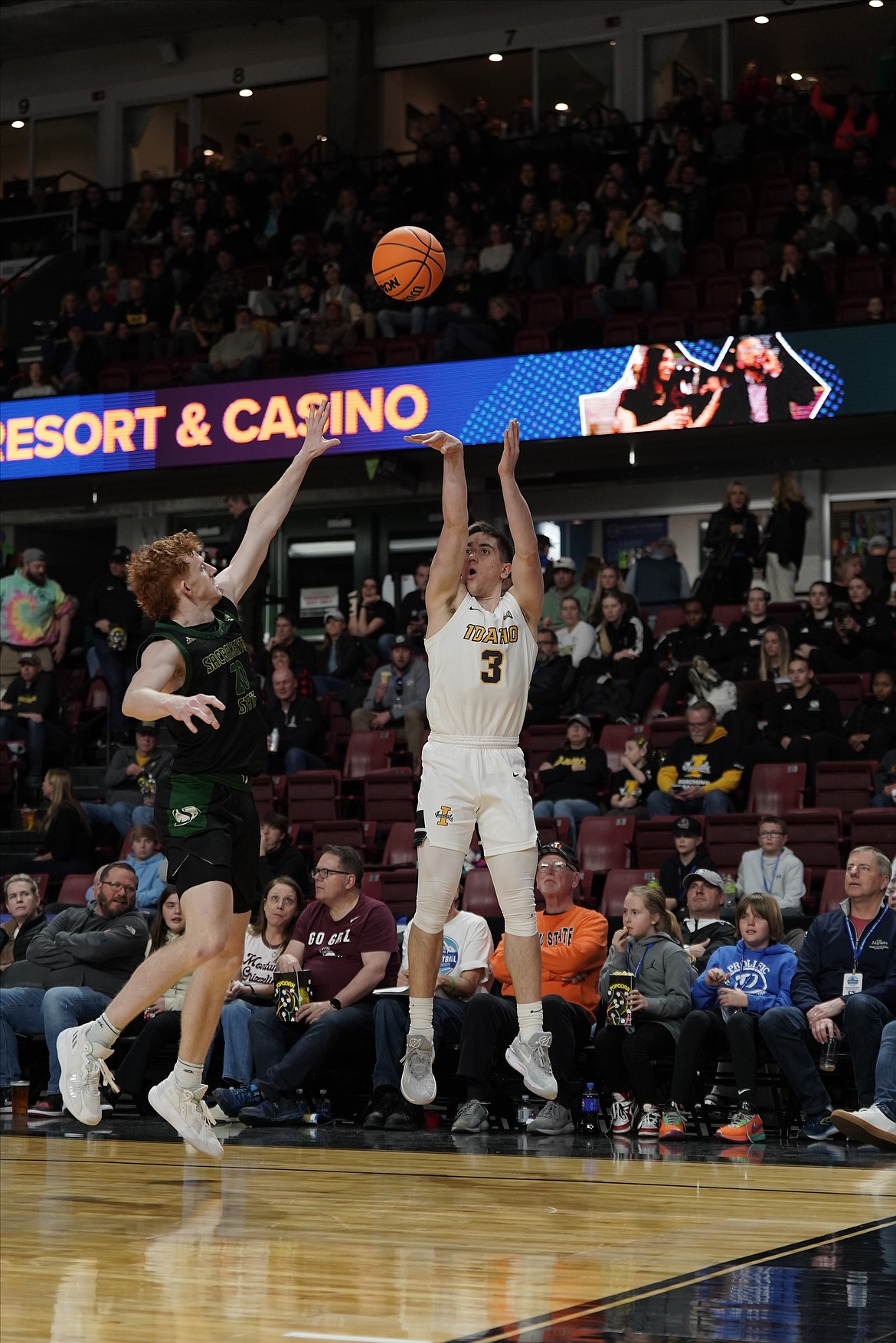 Photo by IDAHO ATHLETICS
Quinn Denker (3) of Idaho puts up a 3-pointer against Sacramento State in the first round of the Big Sky Conference men's basketball tournament Saturday at Idaho Central Arena in Boise.