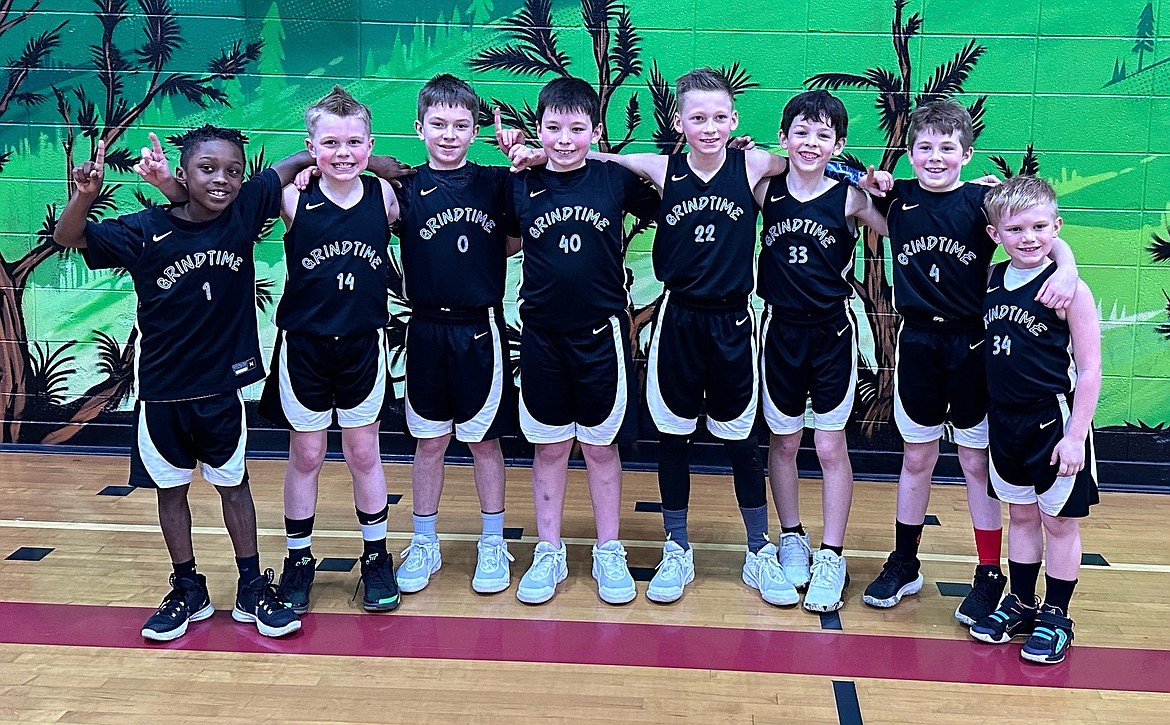 Courtesy photo
Grindtime went 6-0 and won the 3/4th grade boys Hayden Competitive League basketball championship. From left are Shi Blake, Brody Brulotte, Caden Bennett, Jackson Peterson, Lincoln Wiley, Cormack Donovan, Jack Beucler and Cooper Stotz. The team is coached by Shi Blake, Drew Wiley and Chase Bennett.