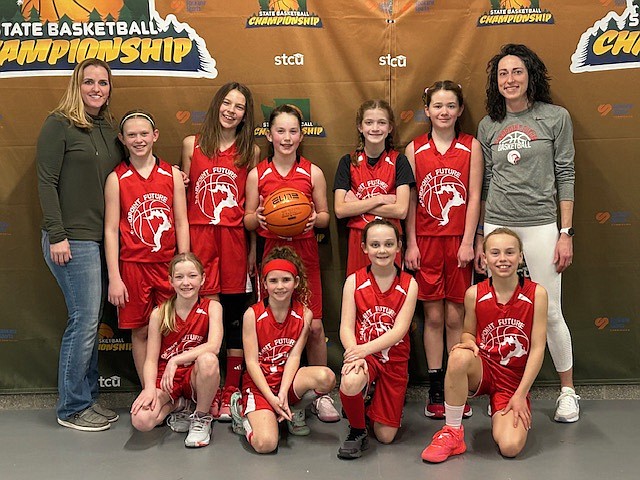 The Sandpoint Future fourth grade girls basketball team placed fifth out of 24 teams at the Washington Middle School State Basketball Championships held Mar. 8-10 at The Podium in Spokane. All teams had to qualify for this tourney by winning or placing runner-up in select qualifying tournaments throughout the season. Sandpoint went 3-1 en route to their fifth-place finish. Back row, from left, coach Shana Savage, Presley Powell, Adie Ducey, Katia Tadic, Millie Mahoney, Harlow Laub, and Coach Shanna Tadic. Front row, from left, Eva Savage, Finley Williams, Katie Marshall, Annabelle Leonard.