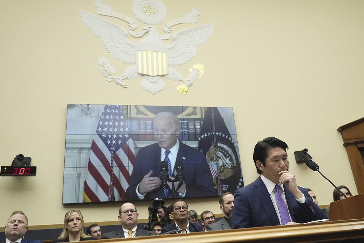 Department of Justice Special Counsel Robert Hur listens during a House Judiciary Committee hearing, Tuesday March 12, 2024, on Capitol Hill in Washington. (AP Photo/Jacquelyn Martin)