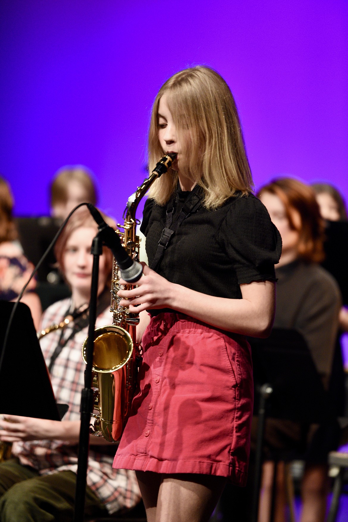 Saxophonist Lilah Kulzer plays a solo during the Whitefish Middle School Jazz Ensemble spring concert on Thursday, March 7, 2024. (Matt Baldwin/Whitefish Pilot)