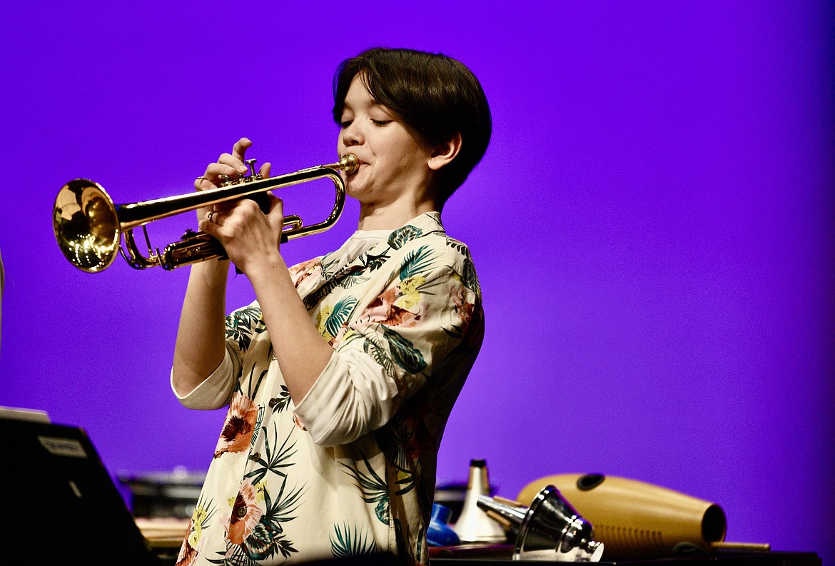 Noah Thomas plays trumpet during the Whitefish Middle School Jazz Ensemble spring concert on Thursday, March 7, 2024. (Matt Baldwin/Whitefish Pilot)