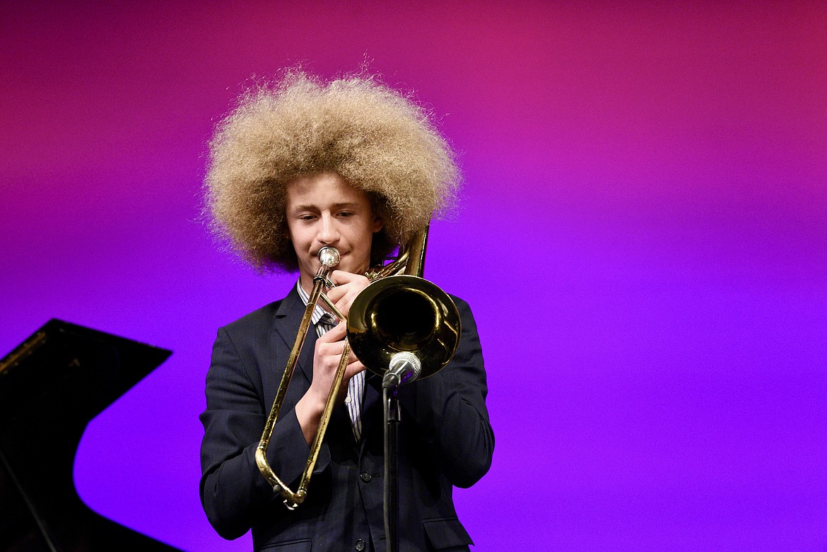 Trombonist Leo Bungener plays a solo at the Whitefish Middle School Jazz Ensemble spring concert on Thursday, March 7, 2024. (Matt Baldwin/Whitefish Pilot)