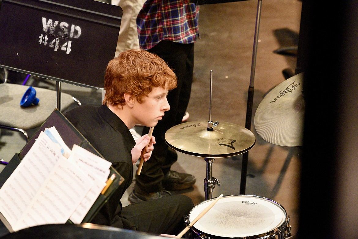 William Cubbage keeps the beat on drums during the Whitefish Middle School Jazz Ensemble spring concert on Thursday, March 7, 2024 at the Whitefish Performing Arts Center. (Matt Baldwin/Whitefish Pilot)