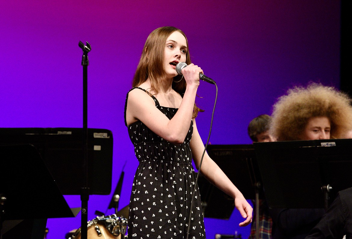 Vocalist Madeline Spear sings with the Whitefish Middle School Jazz Ensemble 1 during the spring concert on Thursday, March 7, 2024. (Matt Baldwin/Whitefish Pilot)