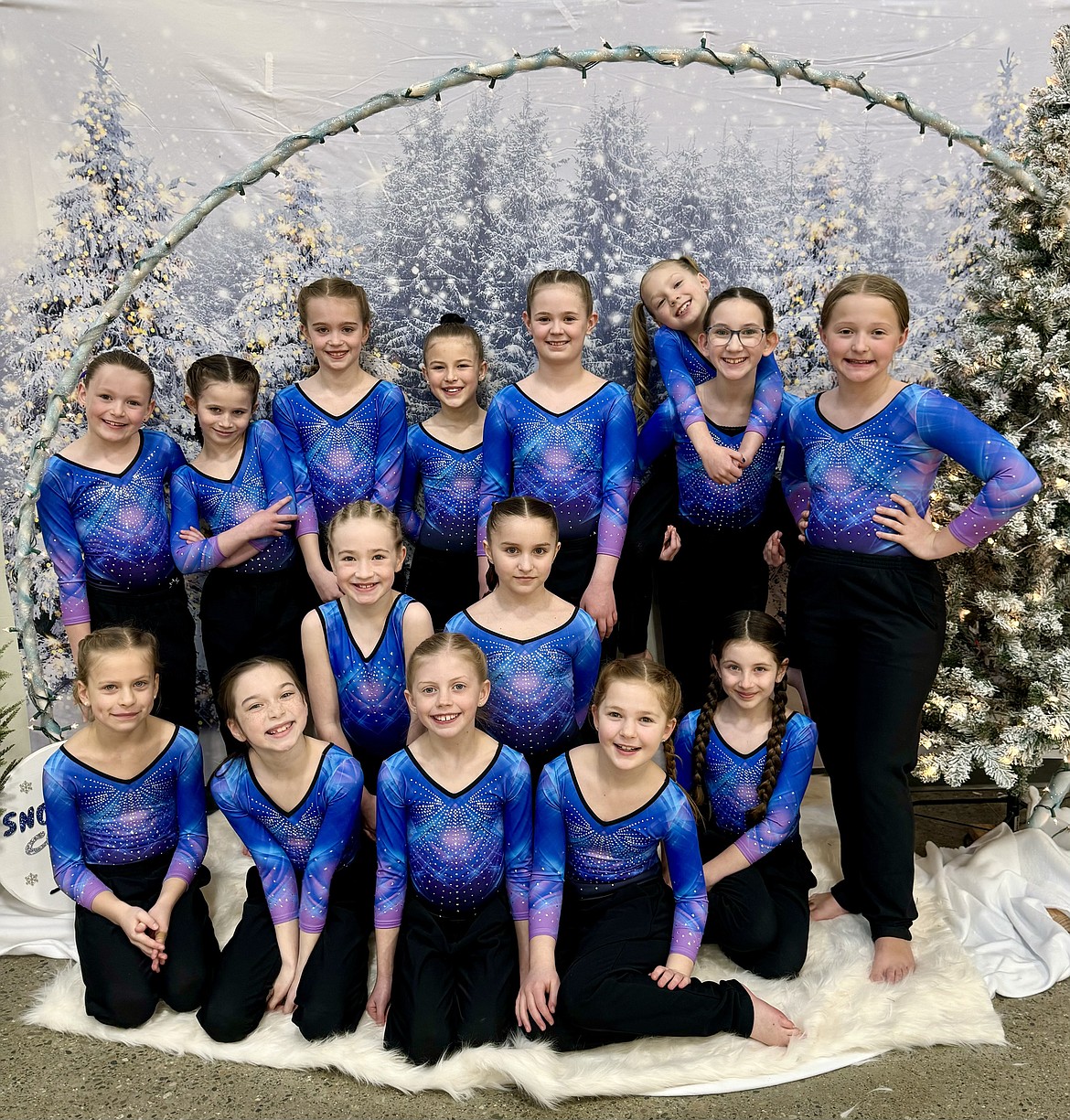 Courtesy photo
GEMS Athletic Center Bronze Team placed 3rd Place as a team t the Snowglobe Classic in Post Falls on March 8-10. In the front row from left are Raegan Zimmerman, Myla South, Evie Bowman and Lauren Inglehart; second row from left, Kinley Simpson, Liliahna Dunton and Isabel Lunneborg; and back row from left, Grace Ohlenkamp, Felicity Hammer, Finley Rauscher, Kristyn Frank, Lily Fulton, Stella Cahoon (on Ellie Hill’s back), and Raelyn Hazen.