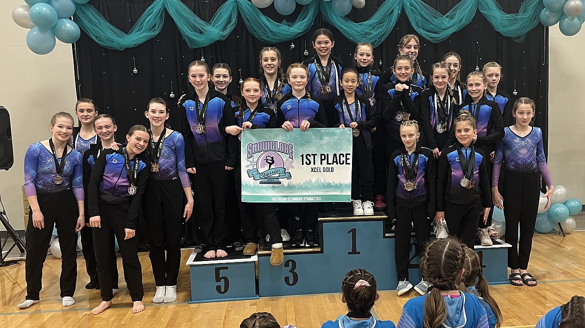 Courtesy photo
GEMS Athletic Center Gold Team won 1st place team at the Snowglobe Classic March 8-10 in Post Falls. In the front (at right) are Hunter Bangs and Ensley Vucinich; second row from left, Elleah Hubbard, Kallyn O’Brien, Kona Hice, Lois Chesley, Olivia Kiser, Baylee Mathews and Raya Batchelder; and back row from left, Emily Wright, Nora Maddox Ashley Gwin, Sydney Thompson, Summer Spiker, Fynlie Reynolds, Allie Netzel, Sierra Crawford, Kinsley Bodman, Carsyn Horsley, Delainey Wenstrom, Mackenzie Richardson and Hannah Batchelder.