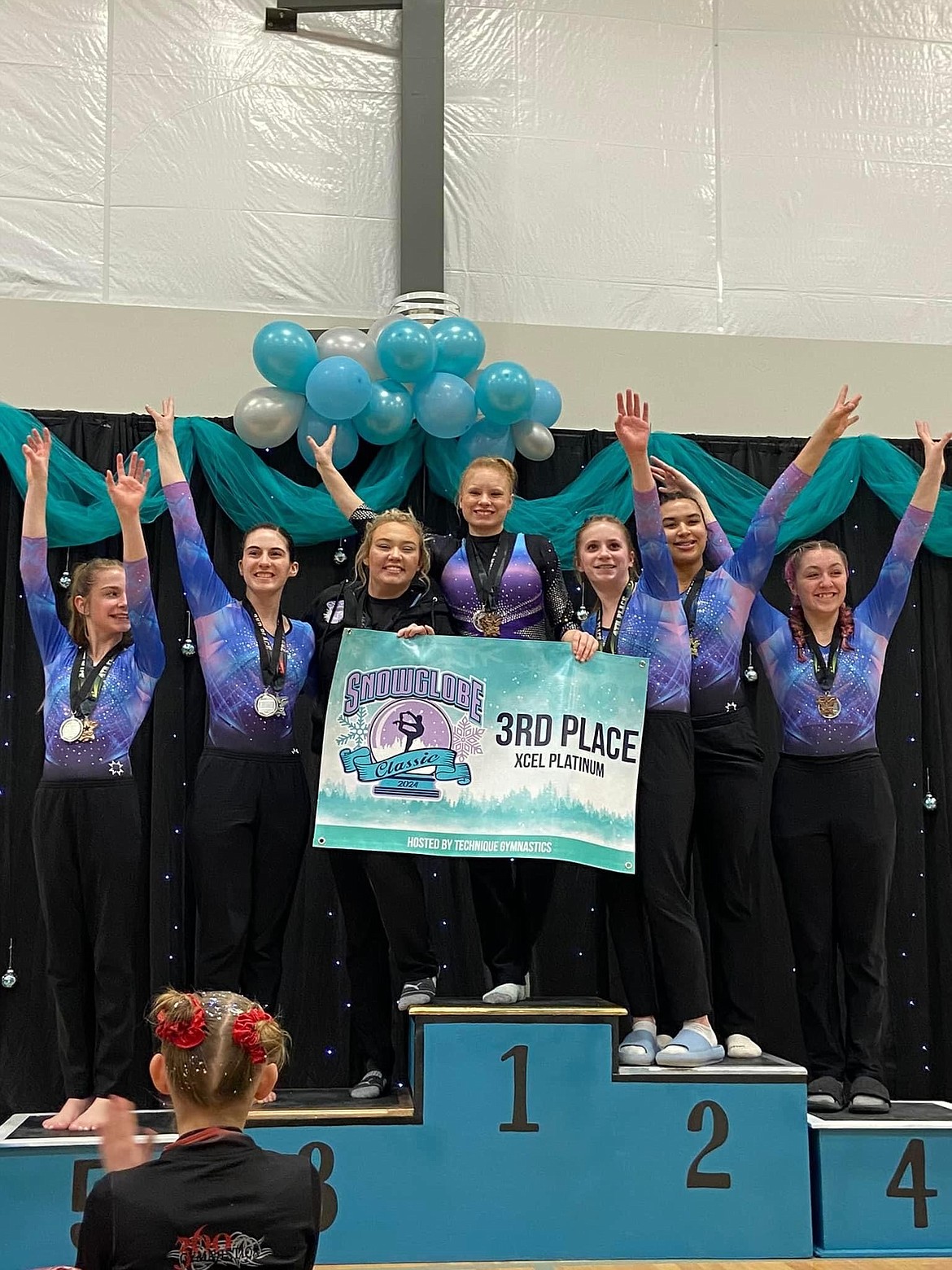 Courtesy photo
GEMS Athletic Center Platinum Team won 3rd Place team at the Snowglobe Classic in Post Falls on March 8-10. From left are Saydee Mathews, Ariel Fahey, Riley Walton, Izzy McCaslin, Macee Caudle, Shariece Vandever, and Laina Busicchia.